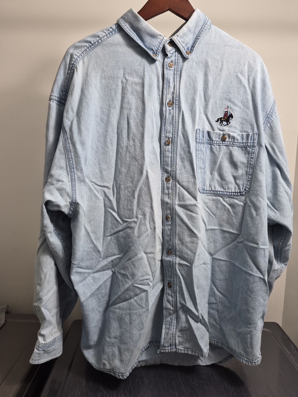 Vintage Light Blue Denim Button-Up Shirt with Embroidered Polo Rider